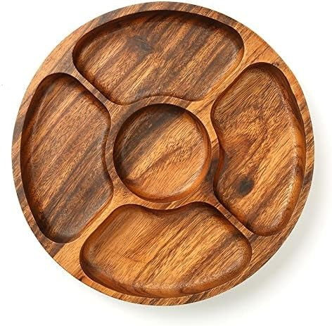 Fine Quality Round Serving Trays Acacia Wooden Divided Plates Set Dishes(Bulk 3 Sets)