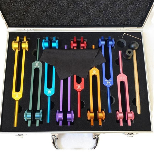 Chakra Tuning Fork Set for Healing, 7 Chakra and 1 Soul Purpose Weighted Colorful Solfeggio Tuning Forks, Aluminum Alloy With Rubber Mallet, Wrench, Cleaning Cloth And Exquisite Aluminum Box.(Bulk 3 Sets)