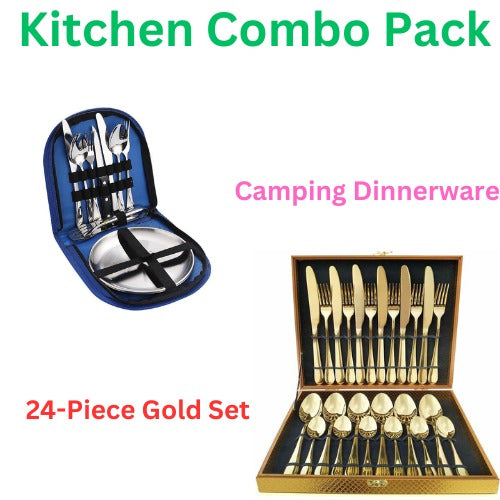 Camping Silverware Dinnerware & 24-Piece Gold Forged Stainless Steel Flatware Set Combo Pack