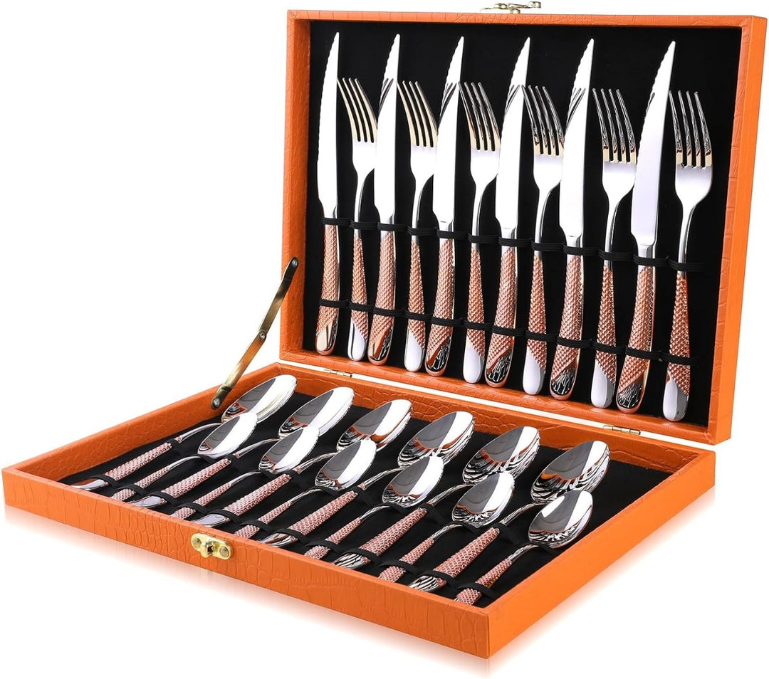 Camping Silverware Dinnerware & 24-Piece Gold Forged Stainless Steel Flatware Set Combo Pack(Bulk 3 Sets)