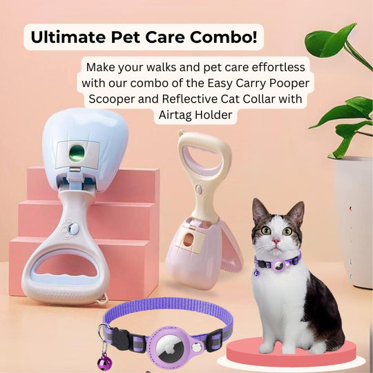 Anti-Loss Reflective Airtag Cat Collar & Portable Long Handle Dog Pooper Scooper Combo Pack