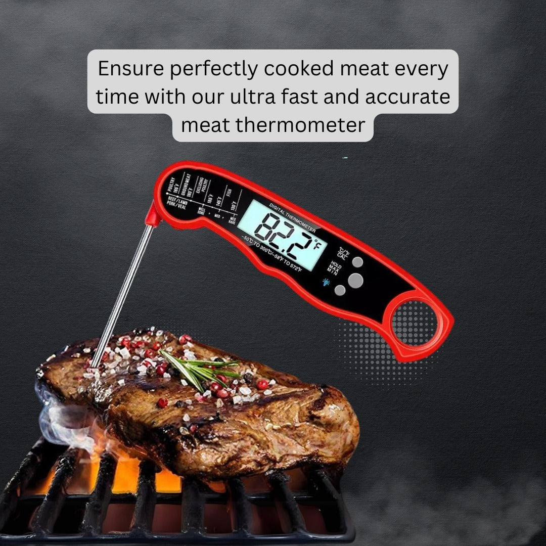 Ultra Fast Meat Thermometer & BBQ-Grill Basket Steel Foldable Nets Combo Pack