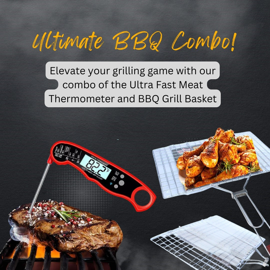 Ultra Fast Meat Thermometer & BBQ-Grill Basket Steel Foldable Nets Combo Pack(10 Pack)