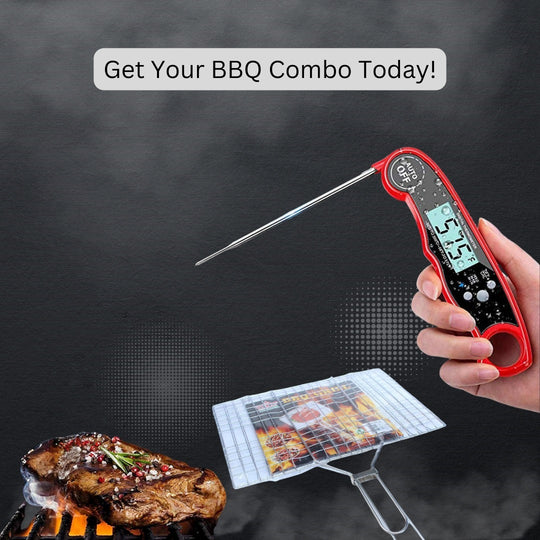 Ultra Fast Meat Thermometer & BBQ-Grill Basket Steel Foldable Nets Combo Pack