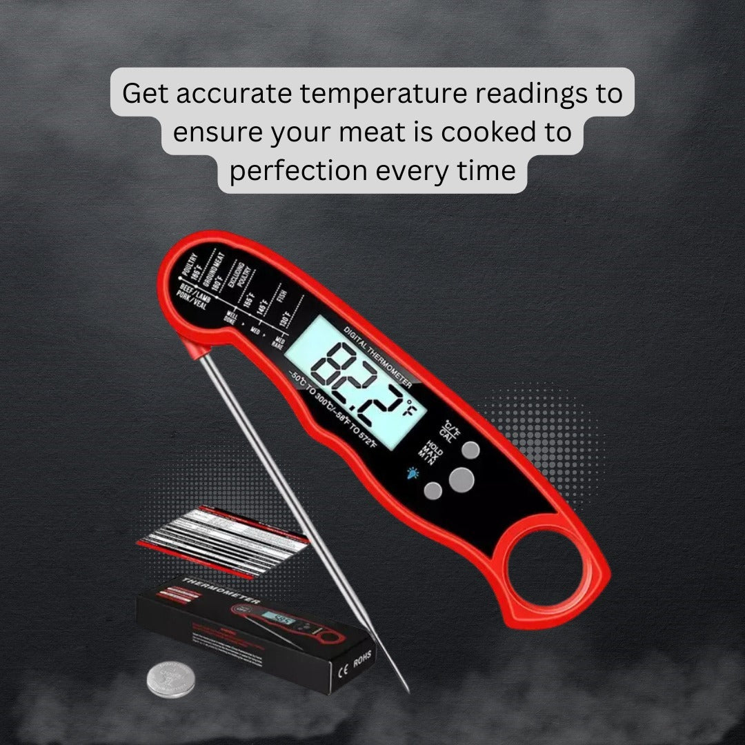 Ultra Fast Meat Thermometer & BBQ-Grill Basket Steel Foldable Nets Combo Pack