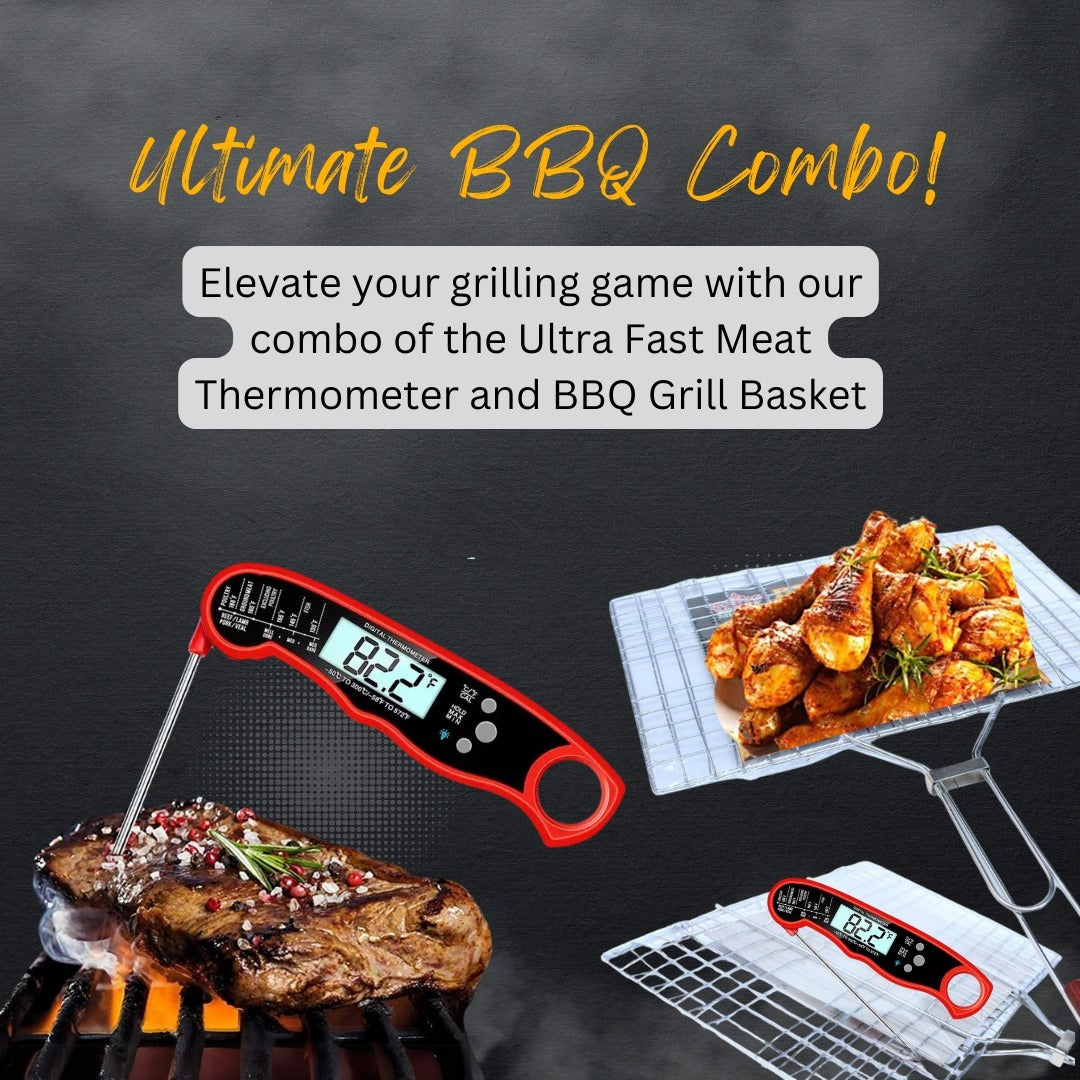 Ultra Fast Meat Thermometer & BBQ-Grill Basket Steel Foldable Nets Combo Pack(Bulk 3 Sets)