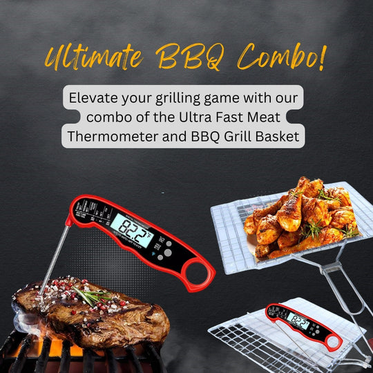 Ultra Fast Meat Thermometer & BBQ-Grill Basket Steel Foldable Nets Combo Pack(Bulk 3 Sets)