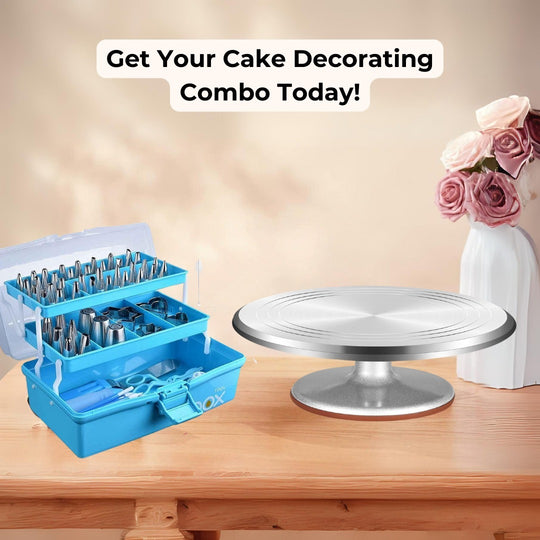 Cake Stand with Non-Slipping Silicone Bottom & Professional Cake Decorating Tools Combo Pack