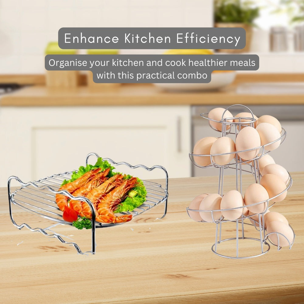 Eggs Dispenser Stand, Storage Rack &  Steel Air Fryer Accessories Combo Pack