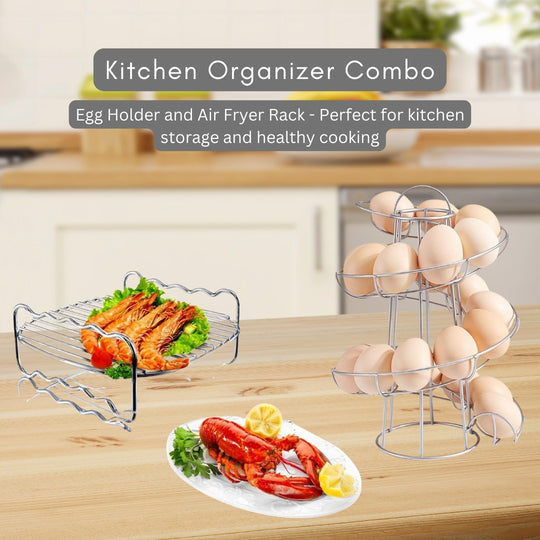 Eggs Dispenser Stand, Storage Rack &  Steel Air Fryer Accessories Combo Pack