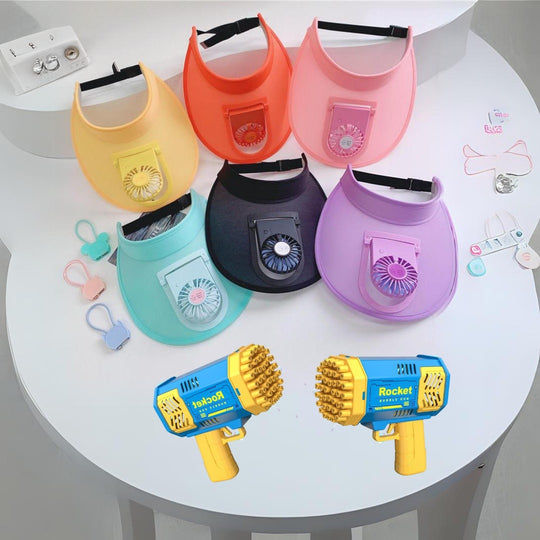 Sun Visor Hats with Fan & Bubble Gun for Toddlers Combo Pack