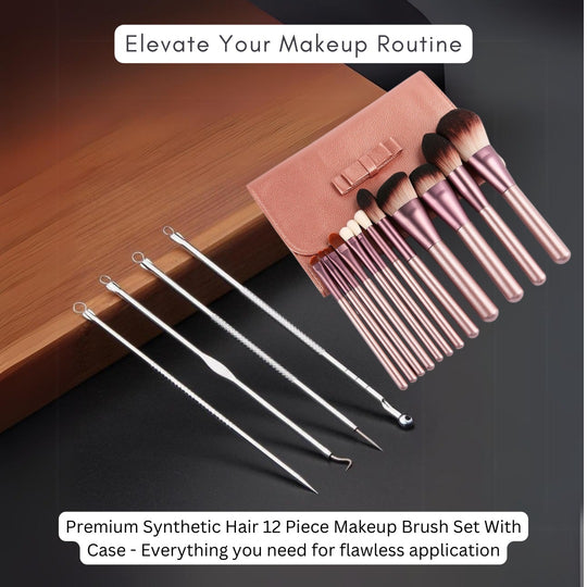 12 Piece Makeup Brush Set With Case & 4 pcs Acne Blackhead Removal Needles Pack(Bulk 3 Sets)