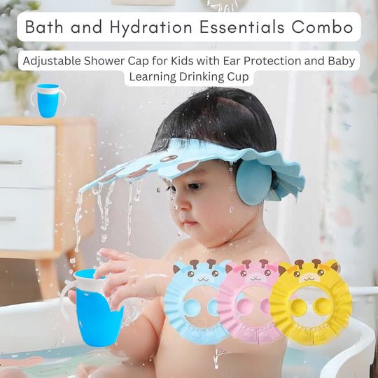 Shower Cap for Kids with Ear Protection & Baby Learning Drinking Cup Pack(Bulk 3 Sets)