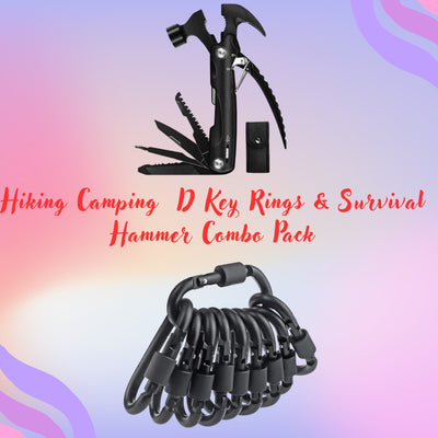 Aluminum D Key Rings Hiking Clips & All In One Multitool Survival Hammer Pack(10 Pack)