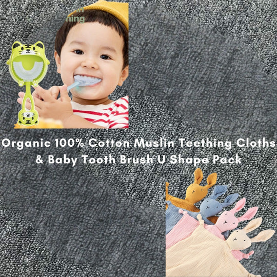 Organic 100% Cotton Muslin Teething Cloths & Baby Tooth Brush U Shape Pack(Bulk 3 Sets)