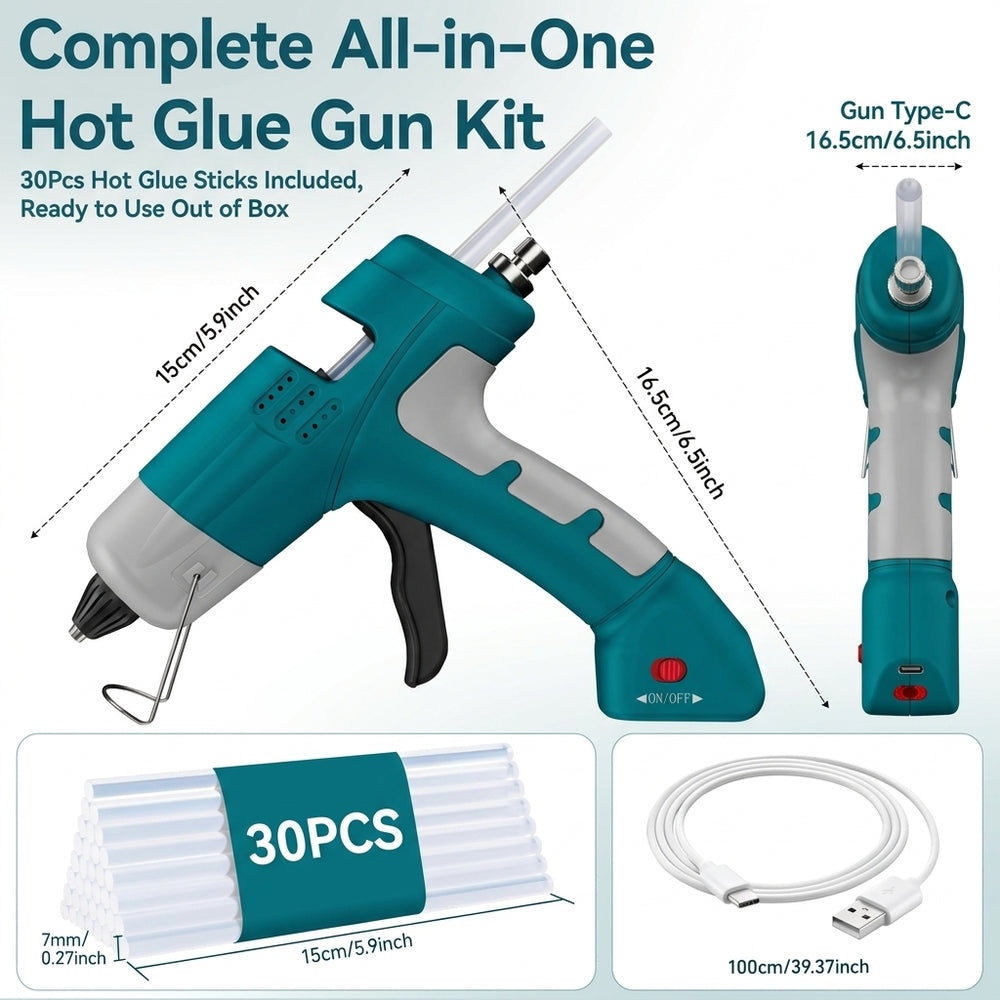 Cordless Hot Glue Gun Kit – Rechargeable 2600mAh Battery, Fast Preheat, Includes 30 Glue Sticks for Crafts, DIY & Repairs (MOQ 10 Sets)