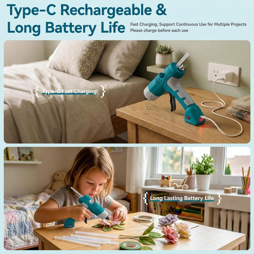 Cordless Hot Glue Gun Kit – Rechargeable 2600mAh Battery, Fast Preheat, Includes 30 Glue Sticks for Crafts, DIY &amp; Repairs