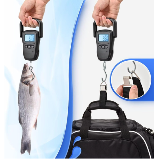VIGOR hanging scale weighing a fish and a luggage bag