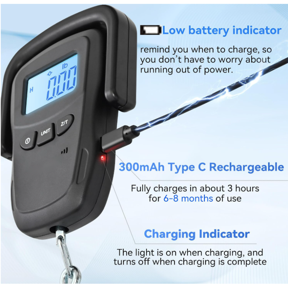 VIGOR rechargeable digital hanging scale with backlit LCD and low-battery indicator