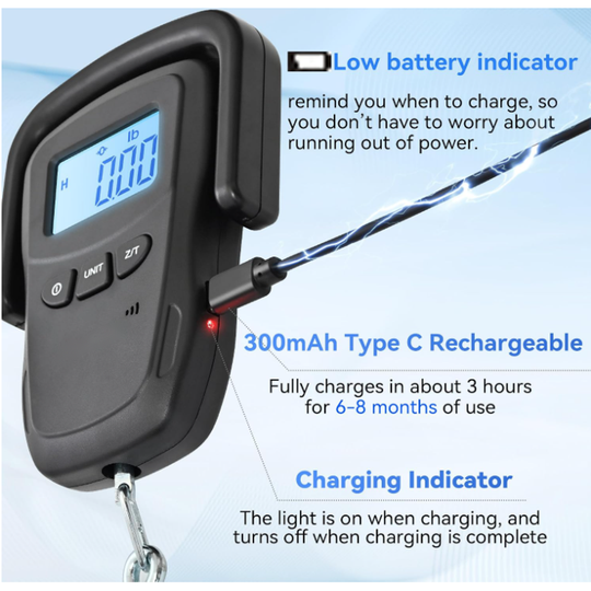 VIGOR rechargeable digital hanging scale with backlit LCD and low-battery indicator