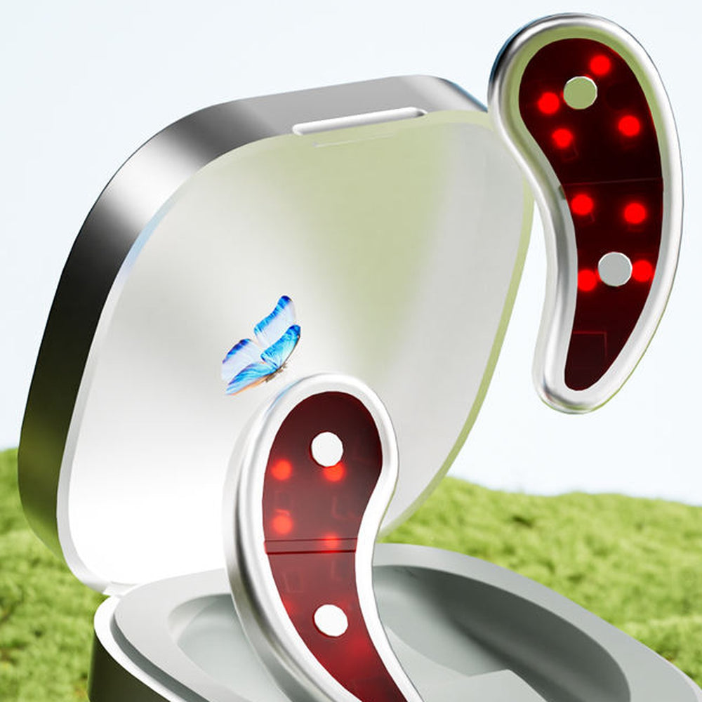 Red light eye massager patches floating above the open portable charging case