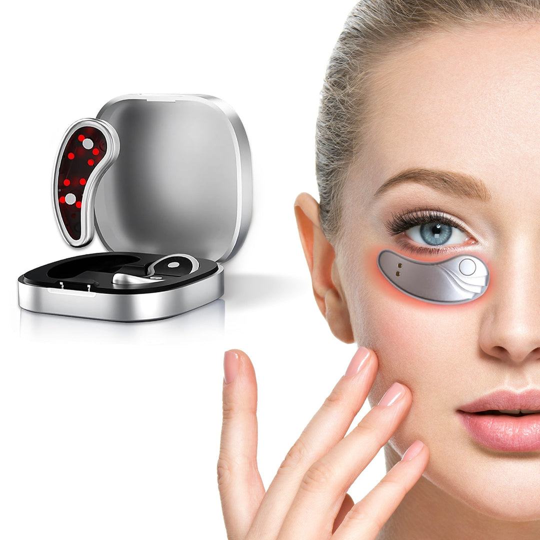 Red light under-eye massager with portable case beside a woman using it for dark circles and puffiness