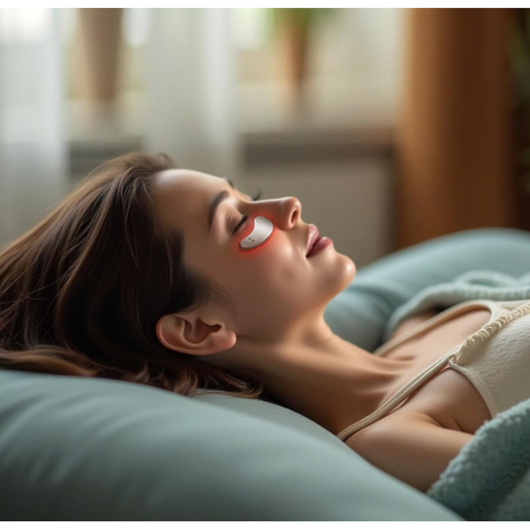 Woman relaxing with a red light under-eye massager on