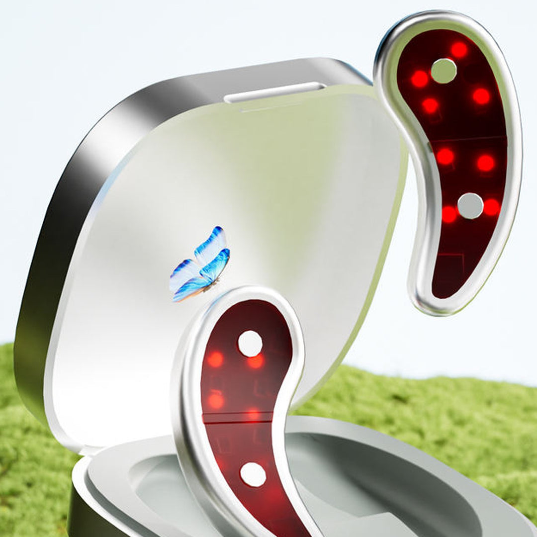 Red light eye massager patches floating above the open portable charging case