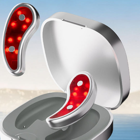 Under-eye massager patches and compact charging case with red light