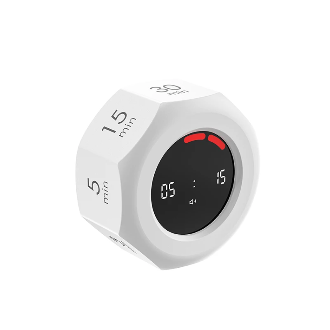White VIGOR flip timer for kids with red LED ring countdown display and 5, 15, 30 minute preset faces