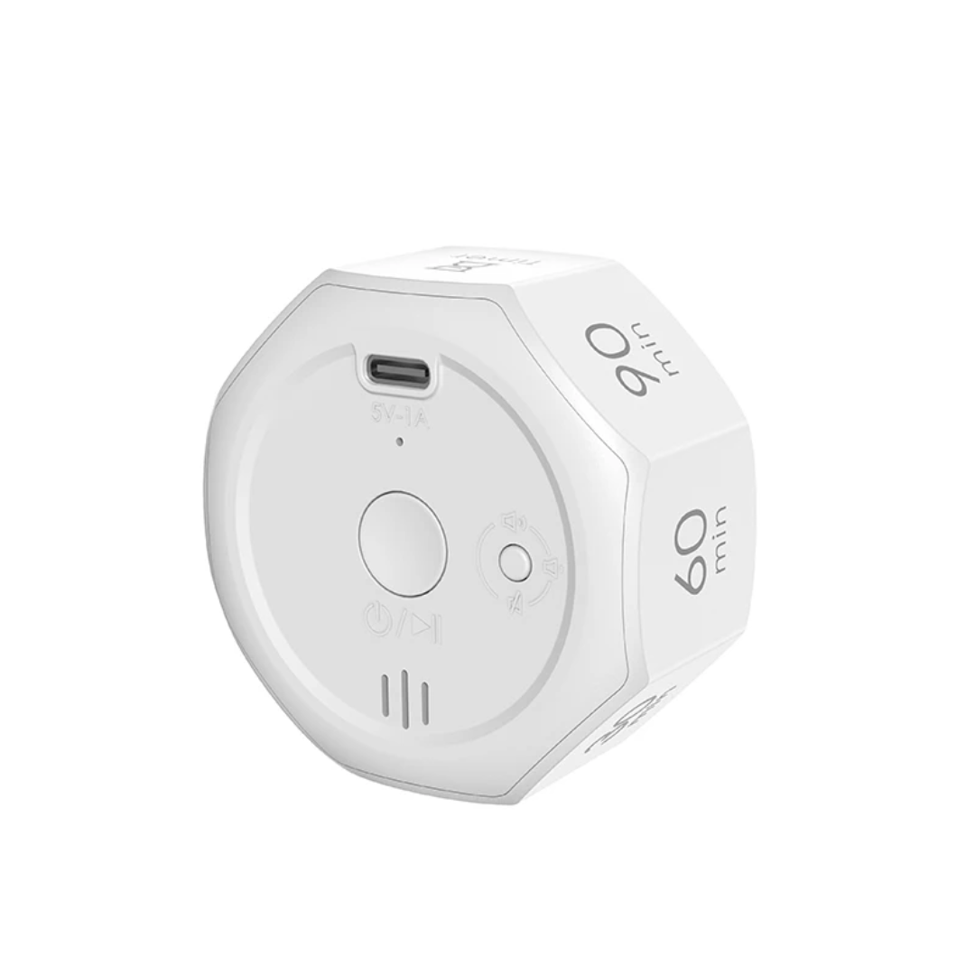 Back of the gravity-sensing flip timer showing USB-C charging port, power button and sound level switch