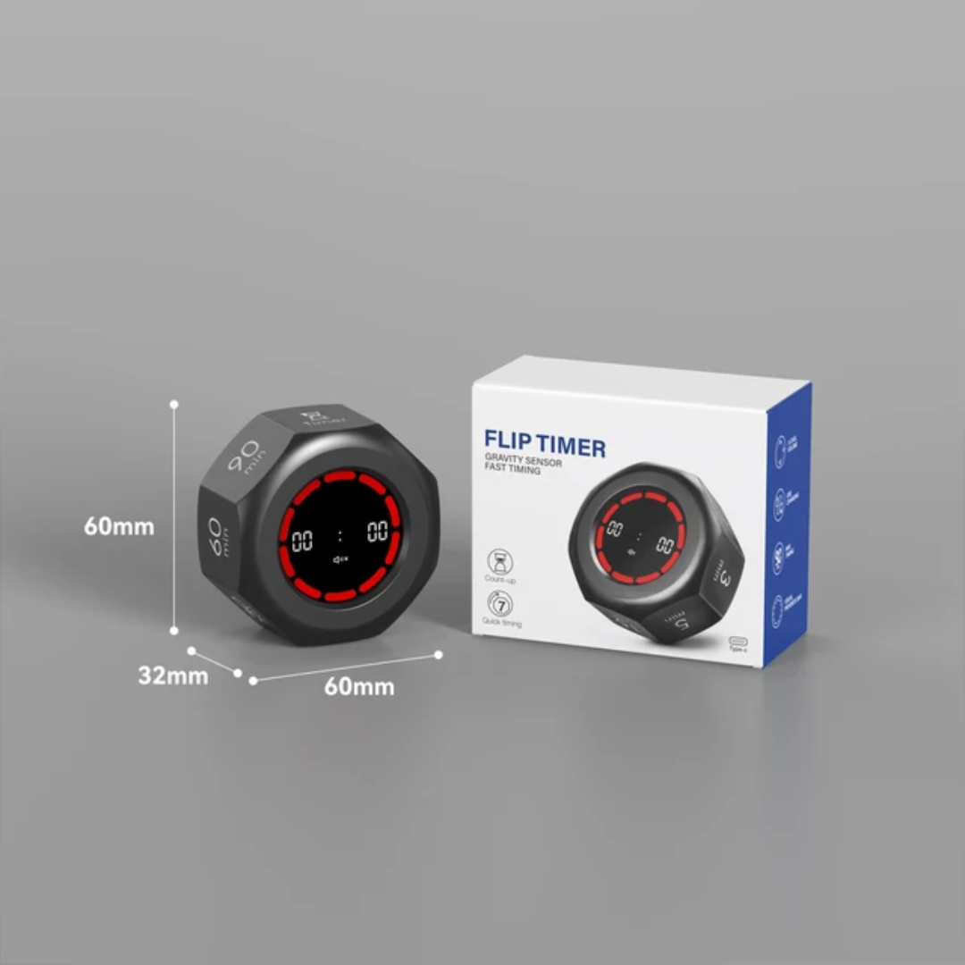Black magnetic flip timer 60 x 60 x 32 mm next to its retail box