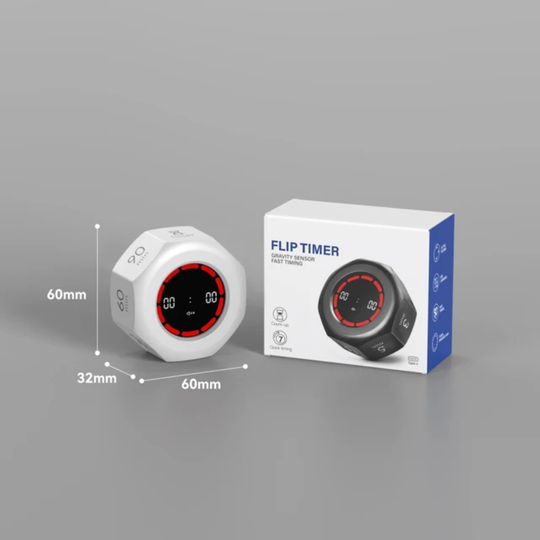 White rechargeable flip timer 60 x 60 x 32 mm next to its retail box