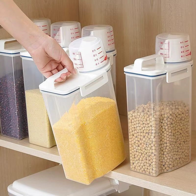 Dispenser with Measuring Cup, BPA-Free Plastic Kitchen Pantry Food Storage Holder for Oatmeal Flour Grain (MOQ 10 Sets)