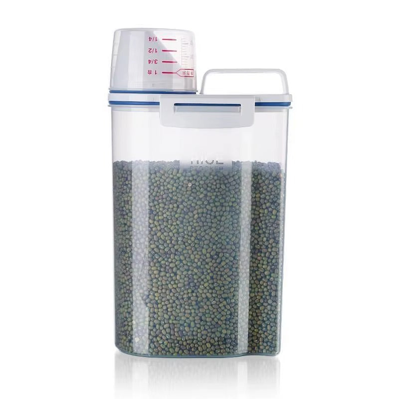 Dispenser with Measuring Cup, BPA-Free Plastic Kitchen Pantry Food Storage Holder for Oatmeal Flour Grain (MOQ 10 Sets)