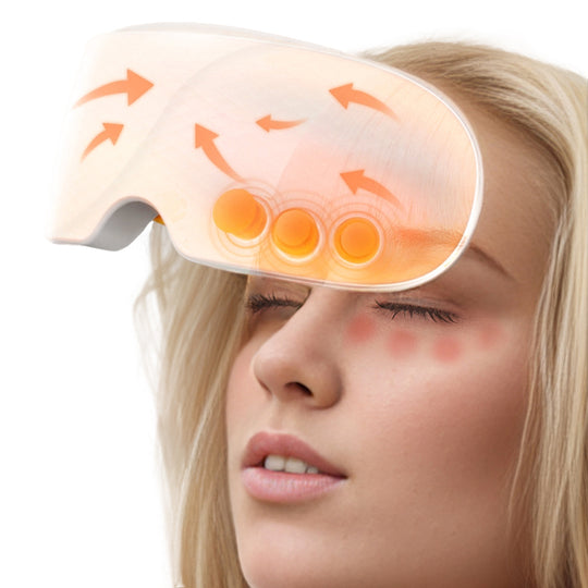 Woman using heated eye massager for soothing warm compress relief