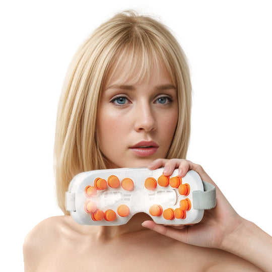 Eye massager with massage nodes around the eyes and temples