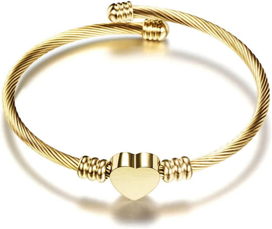 Stainless Steel Cable Wire Heart Charm Gold Plated Bangle Bracelet for women & men