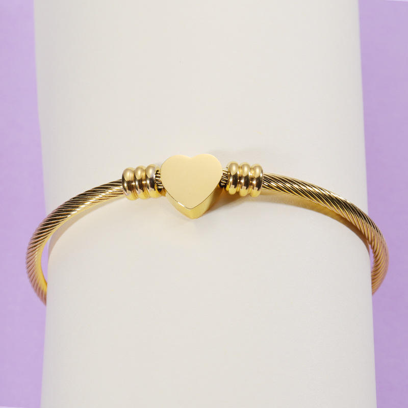 Stainless Steel Cable Wire Heart Charm Gold Plated Bangle Bracelet for women & men