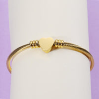 Stainless Steel Cable Wire Heart Charm Gold Plated Bangle Bracelet  - MOQ 10 pcs