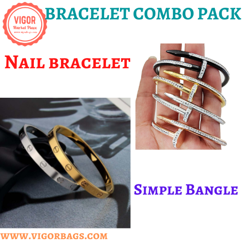 Stylish Simple Love Bangle & Nail bracelet for women trendy 18K Bangle Combo Pack