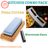 Pizza Cutter Rocker with Wooden Handles & Japanese Whetstone Knife Combo Pack - MOQ 10 PCS