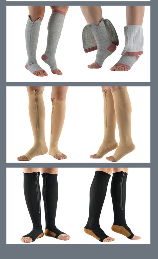 Premium Quality Zipper Compression Socks Calf Knee High Open Toe Support