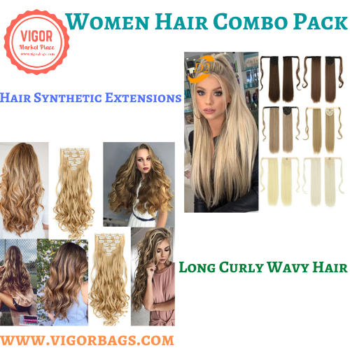 Long Straight Ponytail Hair Synthetic Extensions & Long Curly Wavy Hair 16 Clip Combo Pack - MOQ 10 Pcs