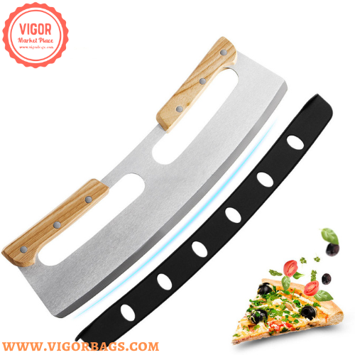 Pizza Cutter Rocker with Wooden Handles & Japanese Whetstone Knife Combo Pack - MOQ 10 PCS