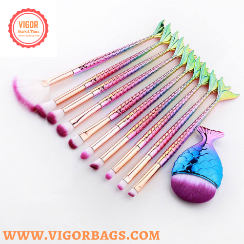 Candy Color Makeup Brushes Tool Set & Cosmetic Concealer Fish Tail Make Up Brushes Tools Combo Pack - MOQ 10 Pcs