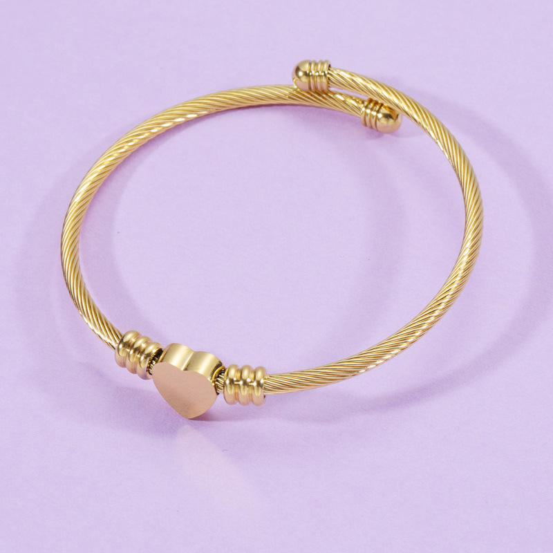 Stainless Steel Cable Wire Heart Charm Gold Plated Bangle Bracelet for women & men