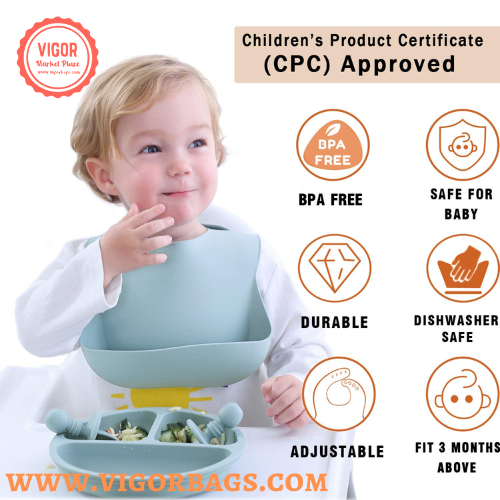 Silicone Waterproof Soft Durable Adjustable Bibs & Silicone Baby Toddler Plate Combo Pack