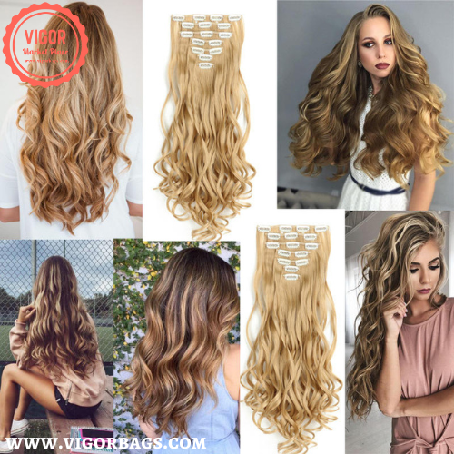 Long Straight Ponytail Hair Synthetic Extensions & Long Curly Wavy Hair 16 Clip Combo Pack - MOQ 10 Pcs