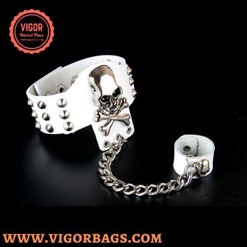 Rock ring conjoined ghost head leather bracelet Dance show accessories - MOQ 10 Pcs